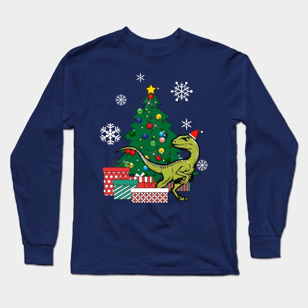 Velociraptor Around The Christmas Tree Long Sleeve T-Shirt by Nova5